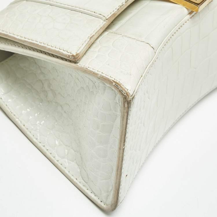 Pre Owned Balenciaga White Croc Embossed Leather Small Hourglass Top Handle Bag