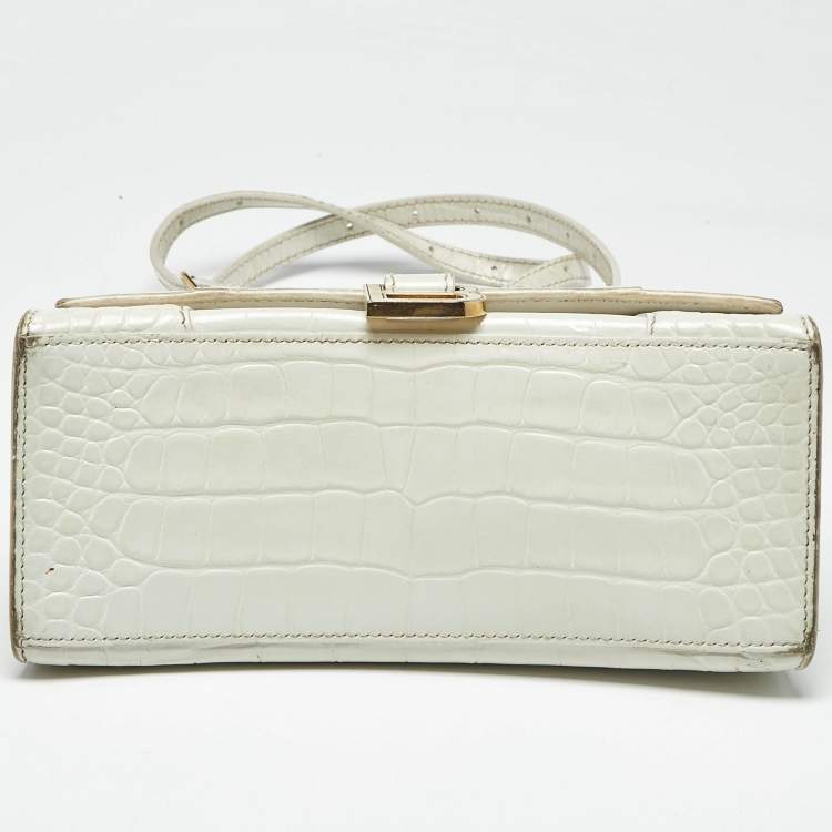 Pre Owned Balenciaga White Croc Embossed Leather Small Hourglass Top Handle Bag
