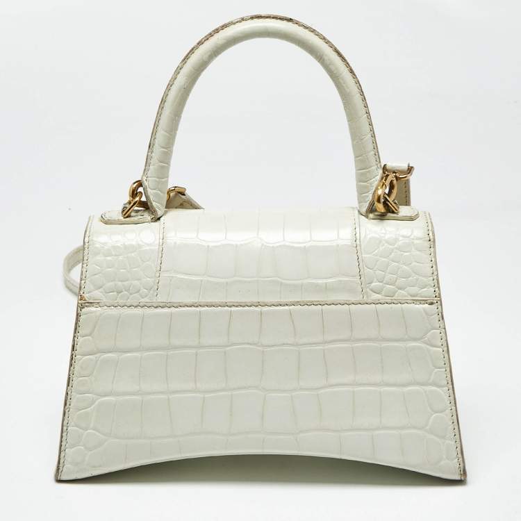 Pre Owned Balenciaga White Croc Embossed Leather Small Hourglass Top Handle Bag