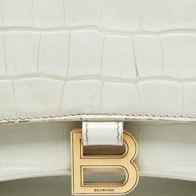 Pre Owned Balenciaga White Croc Embossed Leather Small Hourglass Top Handle Bag