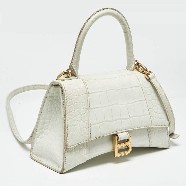 Pre Owned Balenciaga White Croc Embossed Leather Small Hourglass Top Handle Bag