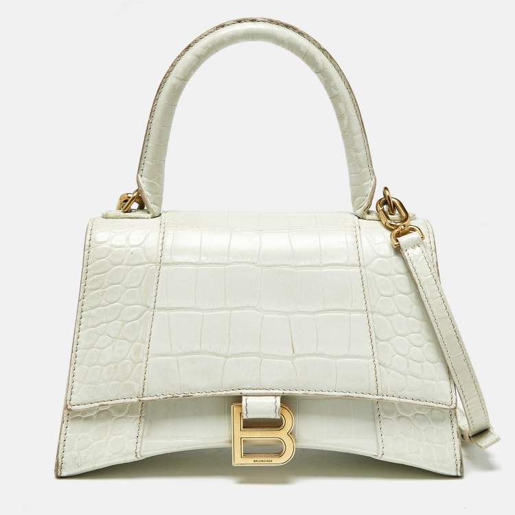 Pre Owned Balenciaga White Croc Embossed Leather Small Hourglass Top Handle Bag