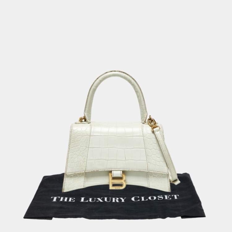 Pre Owned Balenciaga White Croc Embossed Leather Small Hourglass Top Handle Bag