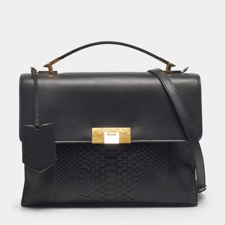 Pre Owned Balenciaga Black Leather and Python Le Dix Cartable Top Handle Bag