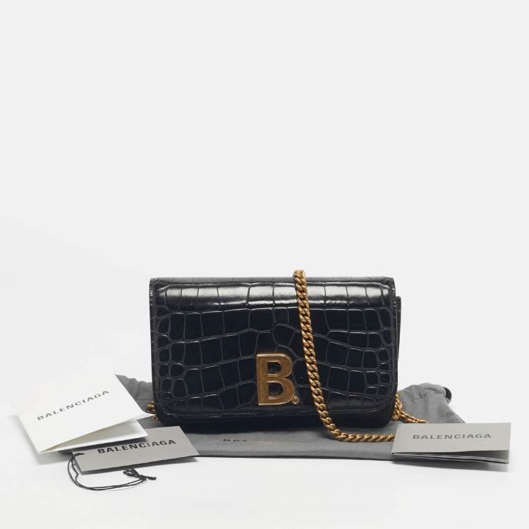 Pre Owned Balenciaga Black Croc Embossed Leather B. Wallet On Chain