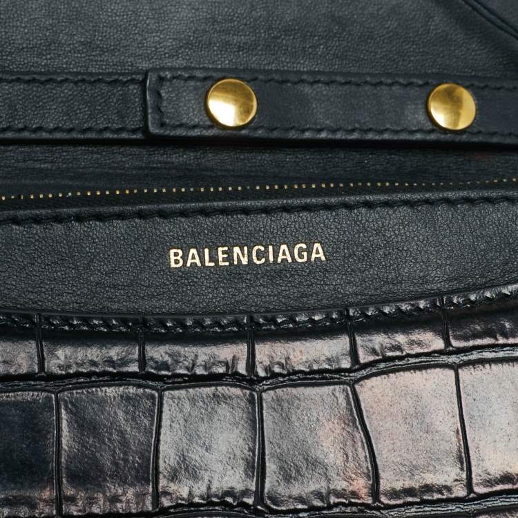 Pre Owned Balenciaga Black Croc Embossed Leather B. Wallet On Chain