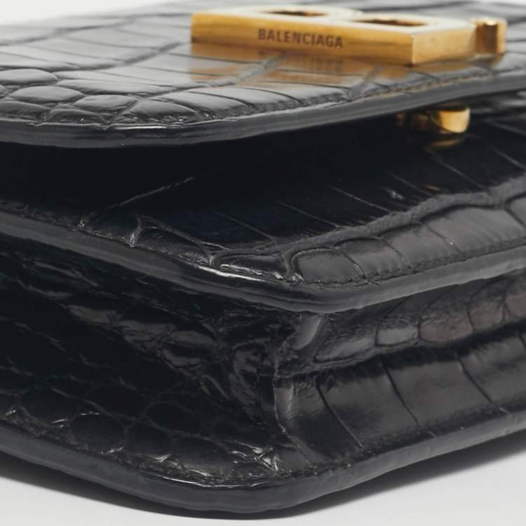 Pre Owned Balenciaga Black Croc Embossed Leather B. Wallet On Chain