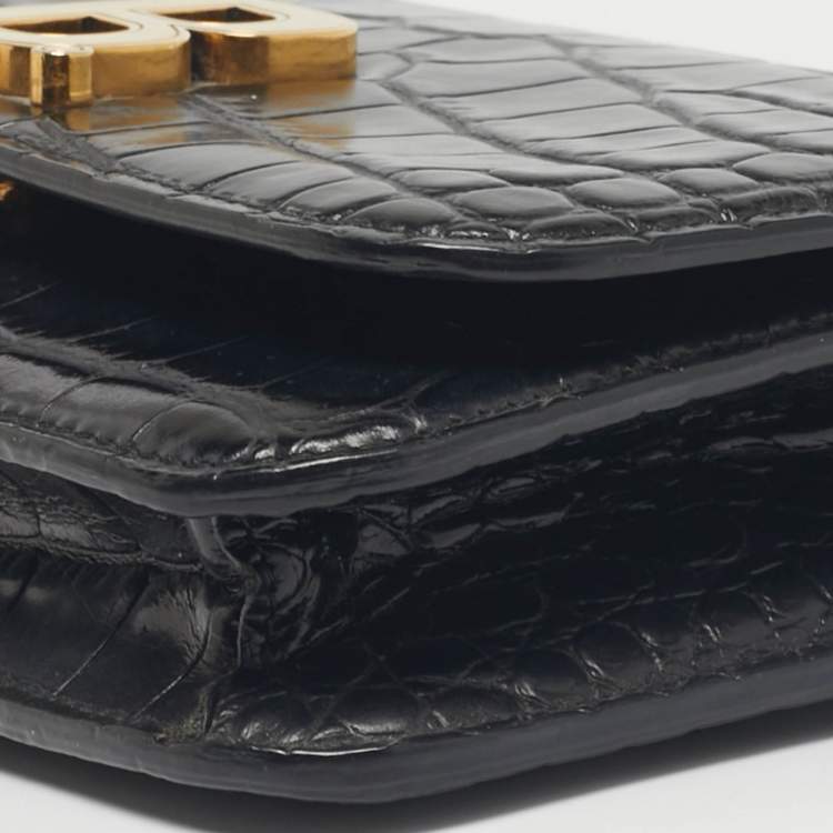 Pre Owned Balenciaga Black Croc Embossed Leather B. Wallet On Chain