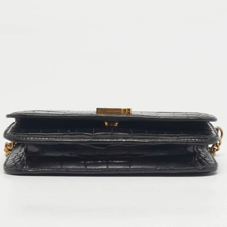 Pre Owned Balenciaga Black Croc Embossed Leather B. Wallet On Chain