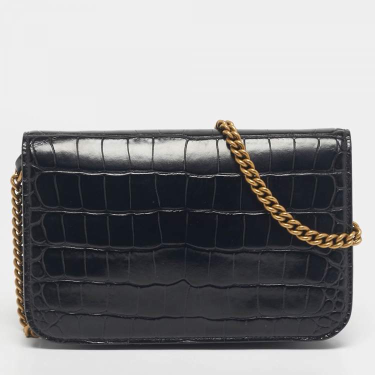 Pre Owned Balenciaga Black Croc Embossed Leather B. Wallet On Chain