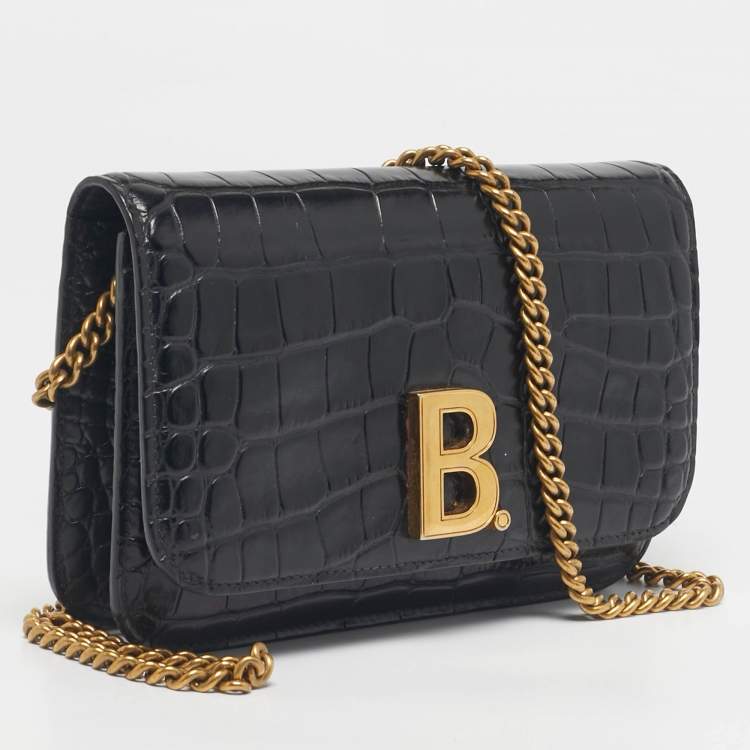 Pre Owned Balenciaga Black Croc Embossed Leather B. Wallet On Chain
