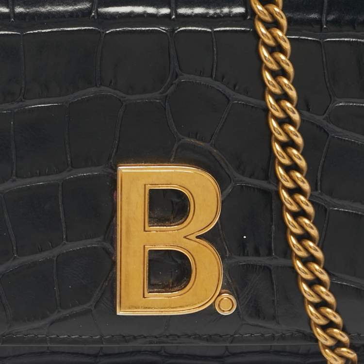 Pre Owned Balenciaga Black Croc Embossed Leather B. Wallet On Chain