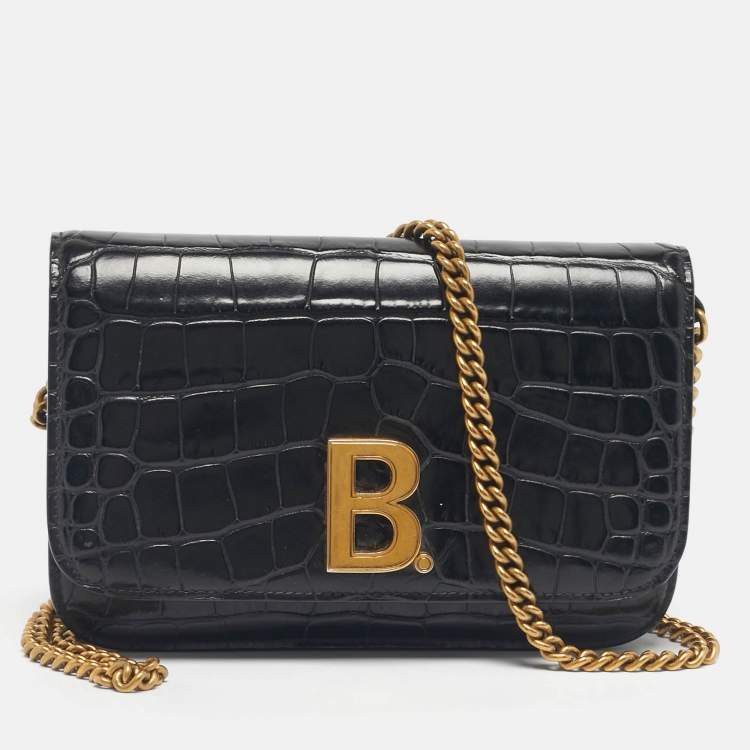 Pre Owned Balenciaga Black Croc Embossed Leather B. Wallet On Chain