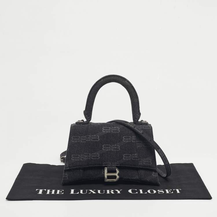 Pre Owned Balenciaga Black BB Monogram Denim Small Hourglass Top Handle Bag