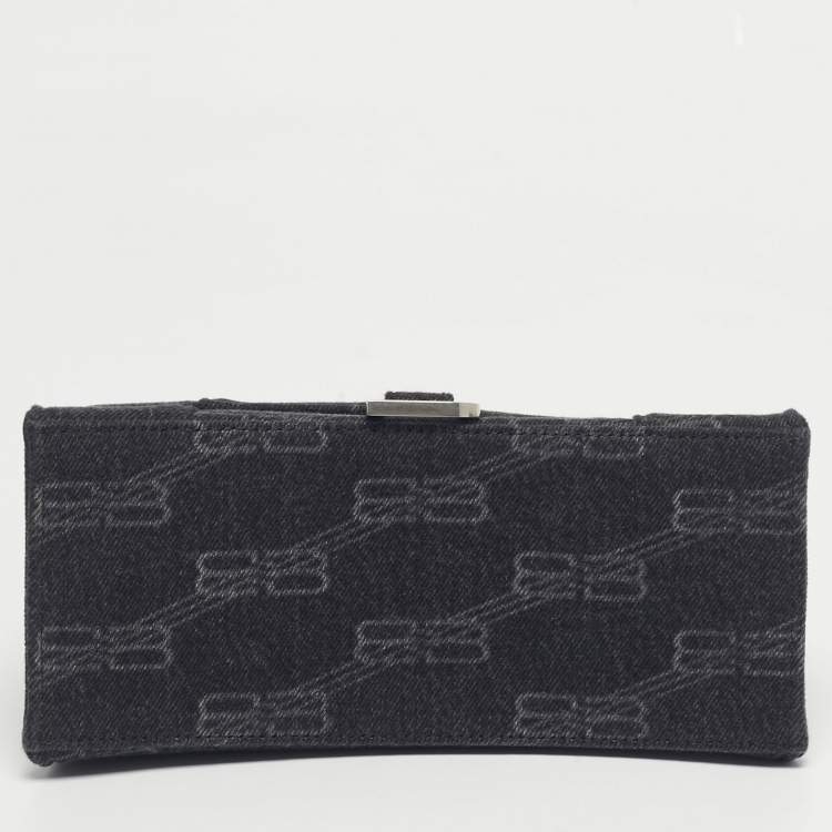 Pre Owned Balenciaga Black BB Monogram Denim Small Hourglass Top Handle Bag
