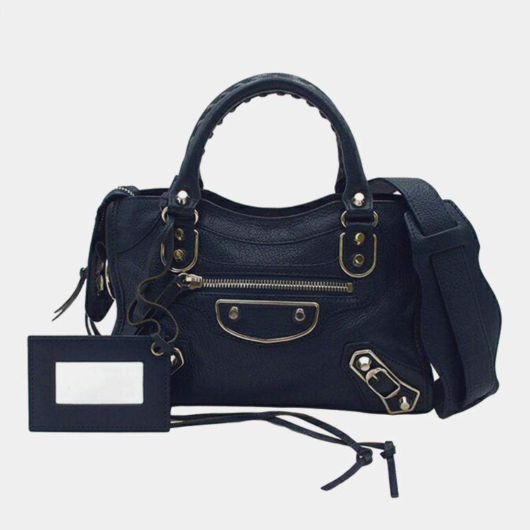 Pre Owned Balenciaga Navy Blue Mini Chevre Motocross Classic Metallic Edge City Satchel