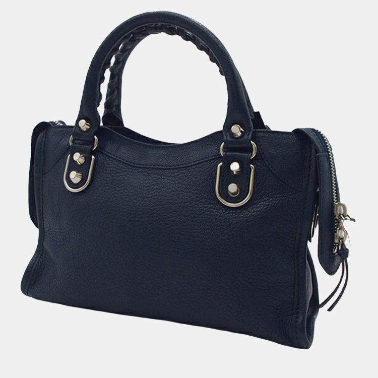 Pre Owned Balenciaga Navy Blue Mini Chevre Motocross Classic Metallic Edge City Satchel