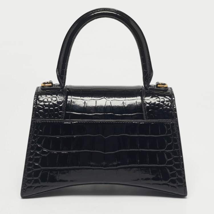 Pre Owned Balenciaga Black Croc Embossed Leather Small Hourglass Top Handle Bag