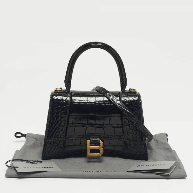Pre Owned Balenciaga Black Croc Embossed Leather Small Hourglass Top Handle Bag