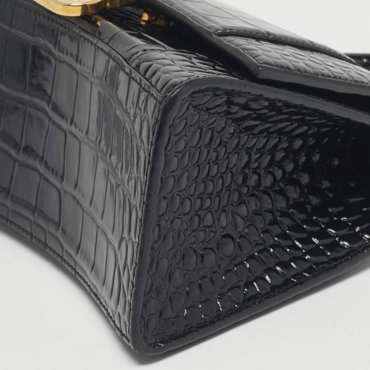 Pre Owned Balenciaga Black Croc Embossed Leather Small Hourglass Top Handle Bag