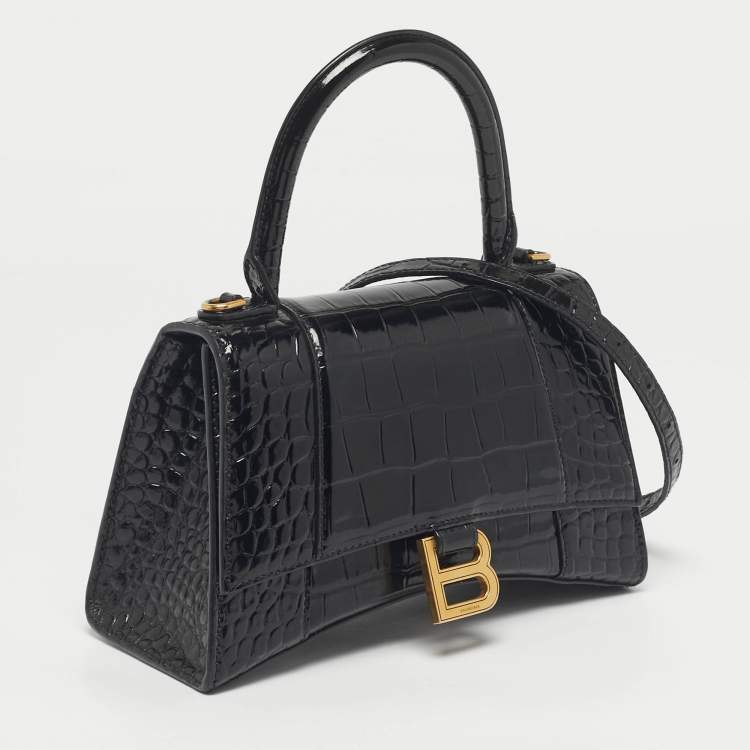 Pre Owned Balenciaga Black Croc Embossed Leather Small Hourglass Top Handle Bag