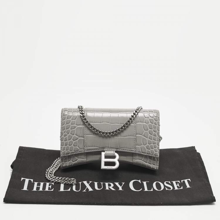 Pre Owned Balenciaga Grey Croc Embossed Leather Hourglass Wallet on Chain