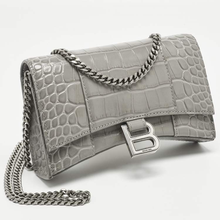 Pre Owned Balenciaga Grey Croc Embossed Leather Hourglass Wallet on Chain