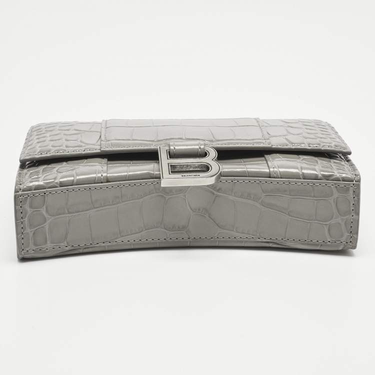 Pre Owned Balenciaga Grey Croc Embossed Leather Hourglass Wallet on Chain