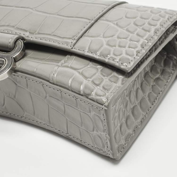 Pre Owned Balenciaga Grey Croc Embossed Leather Hourglass Wallet on Chain