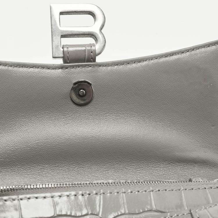 Pre Owned Balenciaga Grey Croc Embossed Leather Hourglass Wallet on Chain