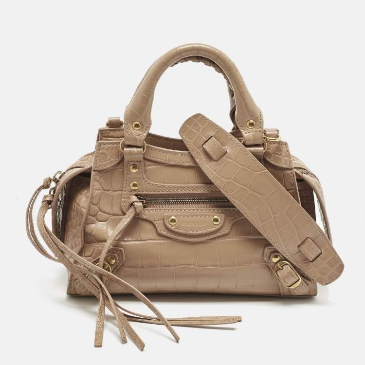 Pre Owned Balenciaga Beige Croc Embossed Leather Mini City Bag