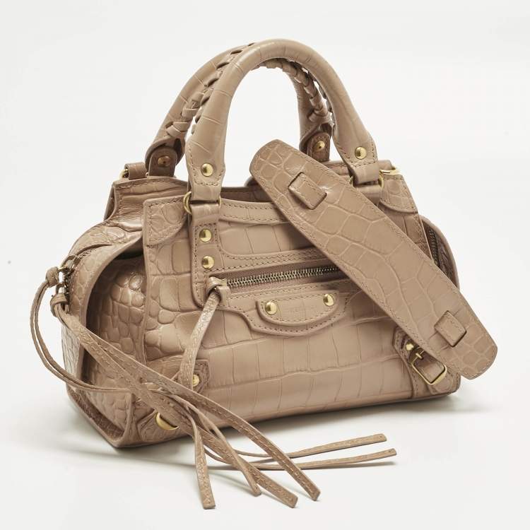 Pre Owned Balenciaga Beige Croc Embossed Leather Mini City Bag