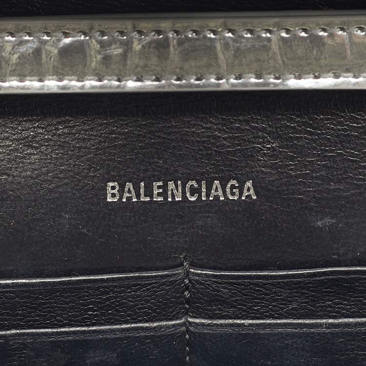 Pre Owned Balenciaga Silver Croc Embossed Patent Leather Hourglass Wallet on Chain