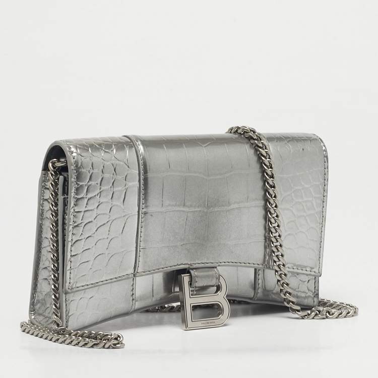 Pre Owned Balenciaga Silver Croc Embossed Patent Leather Hourglass Wallet on Chain