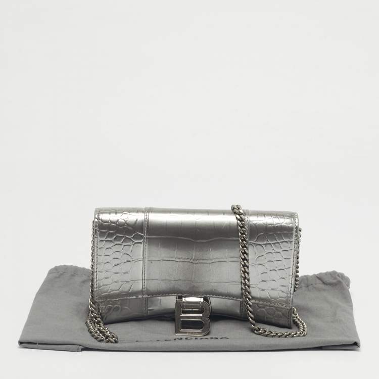 Pre Owned Balenciaga Silver Croc Embossed Patent Leather Hourglass Wallet on Chain