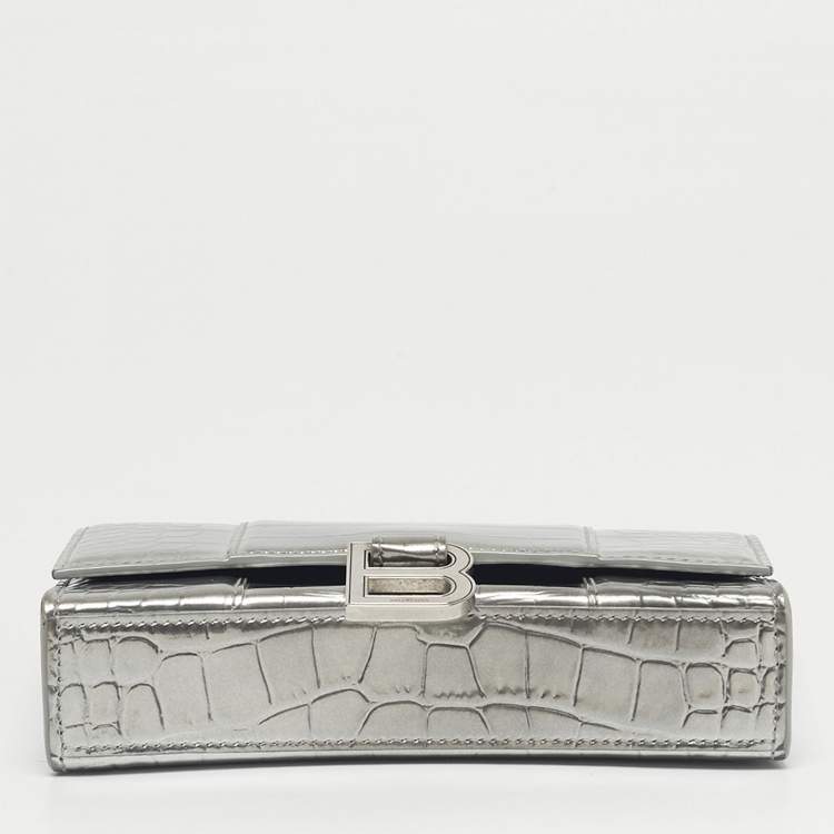 Pre Owned Balenciaga Silver Croc Embossed Patent Leather Hourglass Wallet on Chain