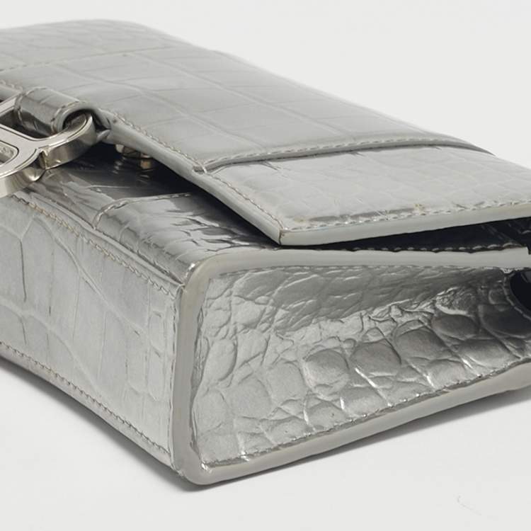 Pre Owned Balenciaga Silver Croc Embossed Patent Leather Hourglass Wallet on Chain