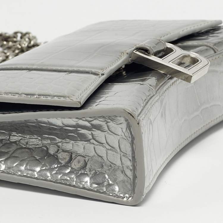 Pre Owned Balenciaga Silver Croc Embossed Patent Leather Hourglass Wallet on Chain