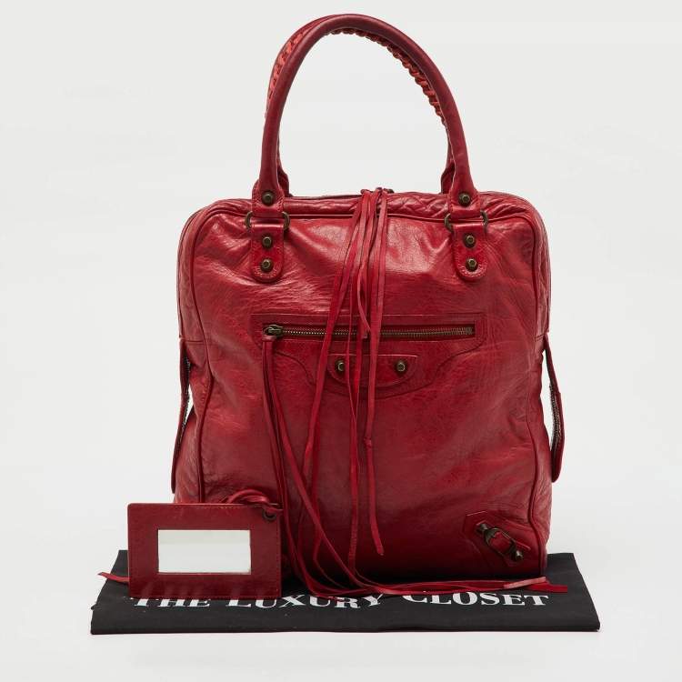 Pre Owned Balenciaga Red Leather Motocross Classic Bowling Bag