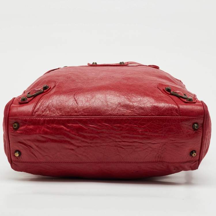 Pre Owned Balenciaga Red Leather Motocross Classic Bowling Bag