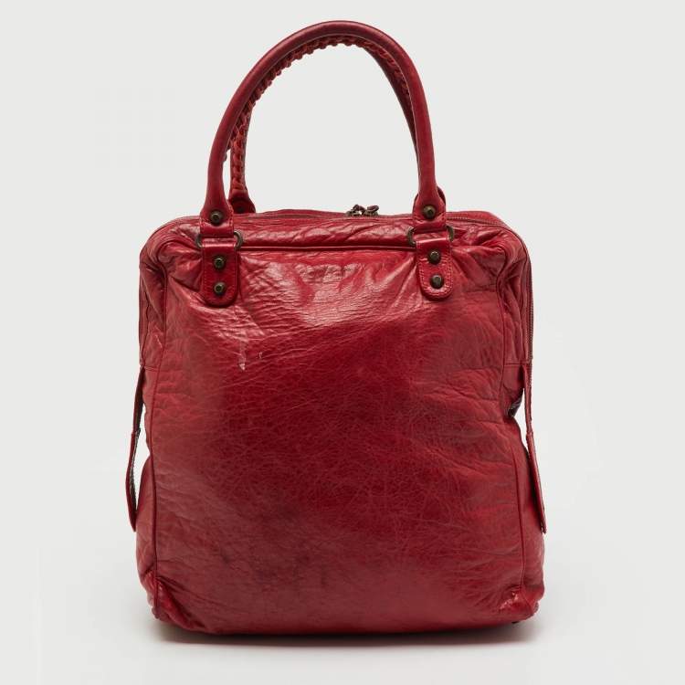 Pre Owned Balenciaga Red Leather Motocross Classic Bowling Bag