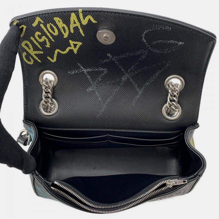 Pre Owned Balenciaga Graffiti Chain shoulder Black/Blue Leather