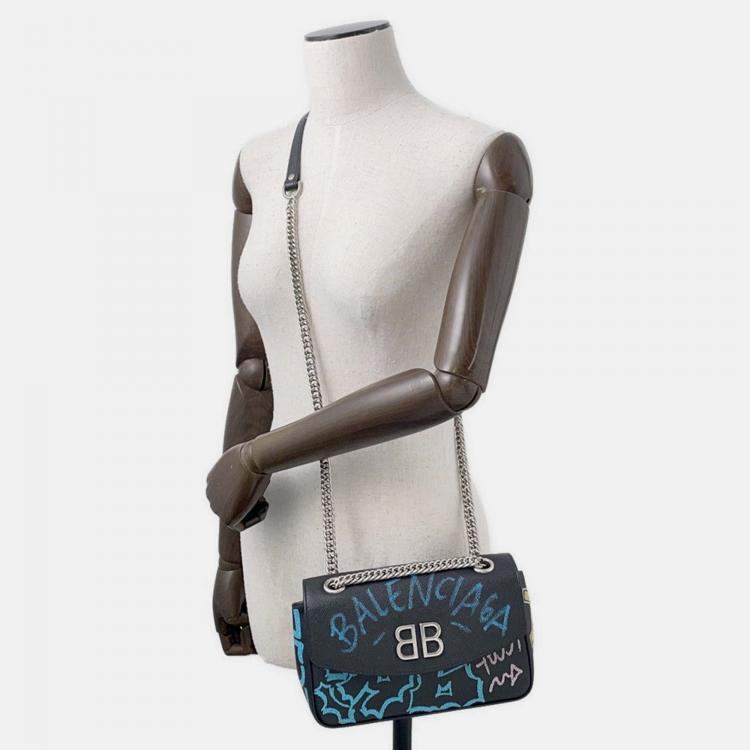 Pre Owned Balenciaga Graffiti Chain shoulder Black/Blue Leather