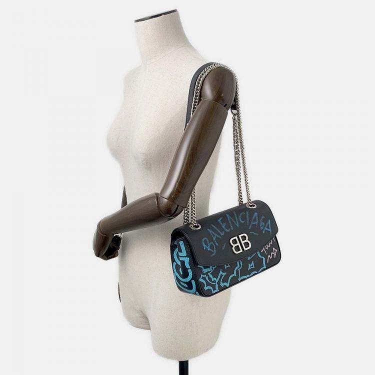 Pre Owned Balenciaga Graffiti Chain shoulder Black/Blue Leather