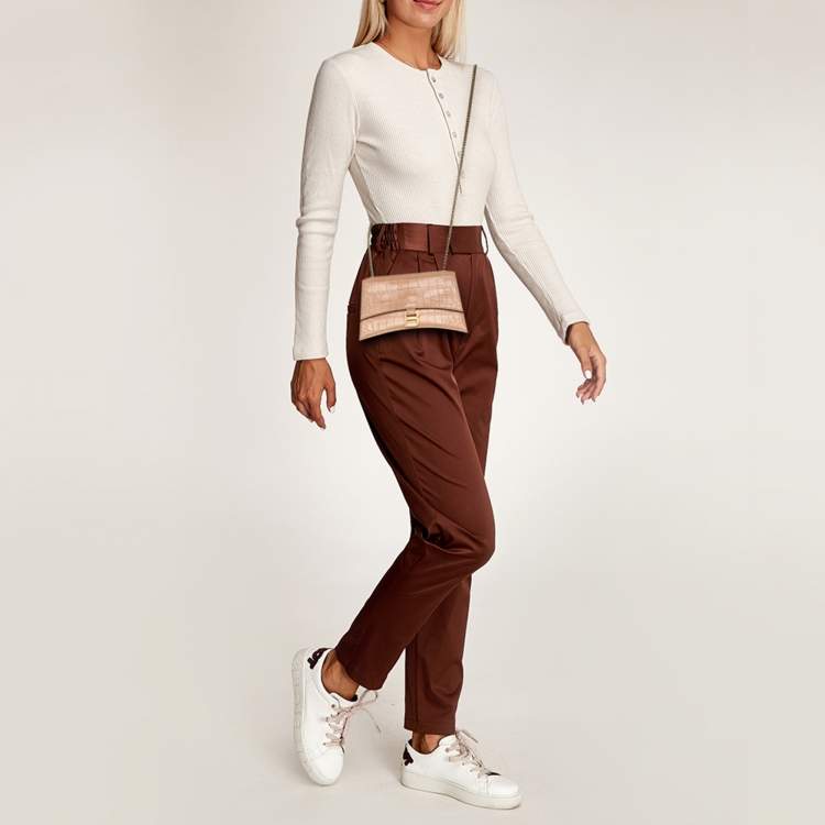 Pre Owned Balenciaga Beige Croc Embossed Leather XS Crush Chain Shoulder Bag