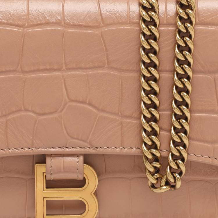 Pre Owned Balenciaga Beige Croc Embossed Leather XS Crush Chain Shoulder Bag
