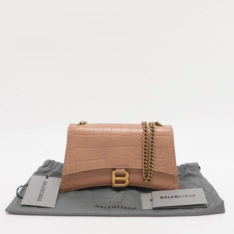Pre Owned Balenciaga Beige Croc Embossed Leather XS Crush Chain Shoulder Bag