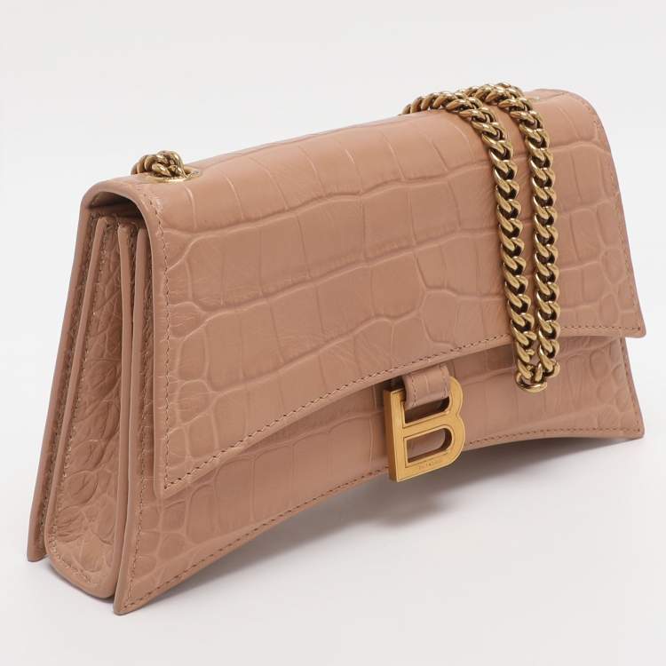 Pre Owned Balenciaga Beige Croc Embossed Leather XS Crush Chain Shoulder Bag