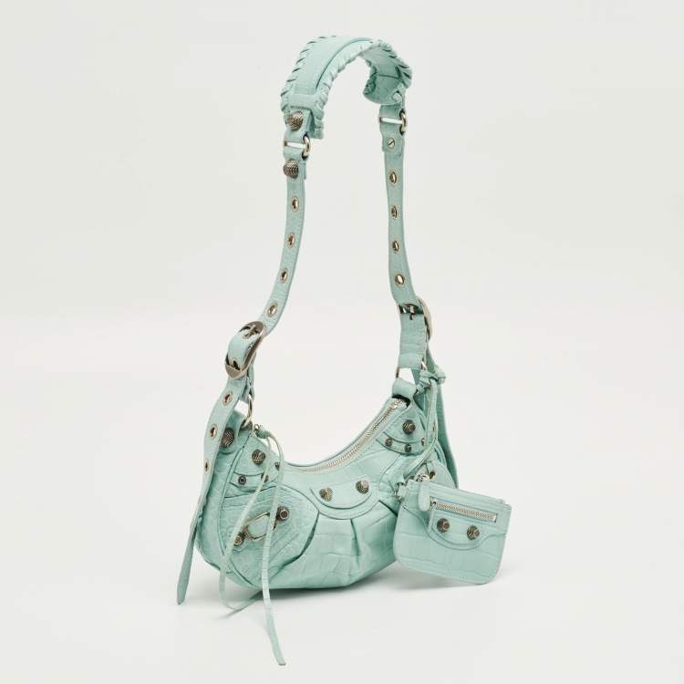 Pre Owned Balenciaga Pale Turquoise Croc Embossed Leather XS Le Cagole Shoulder Bag