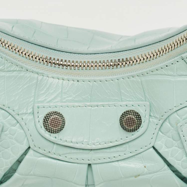 Pre Owned Balenciaga Pale Turquoise Croc Embossed Leather XS Le Cagole Shoulder Bag